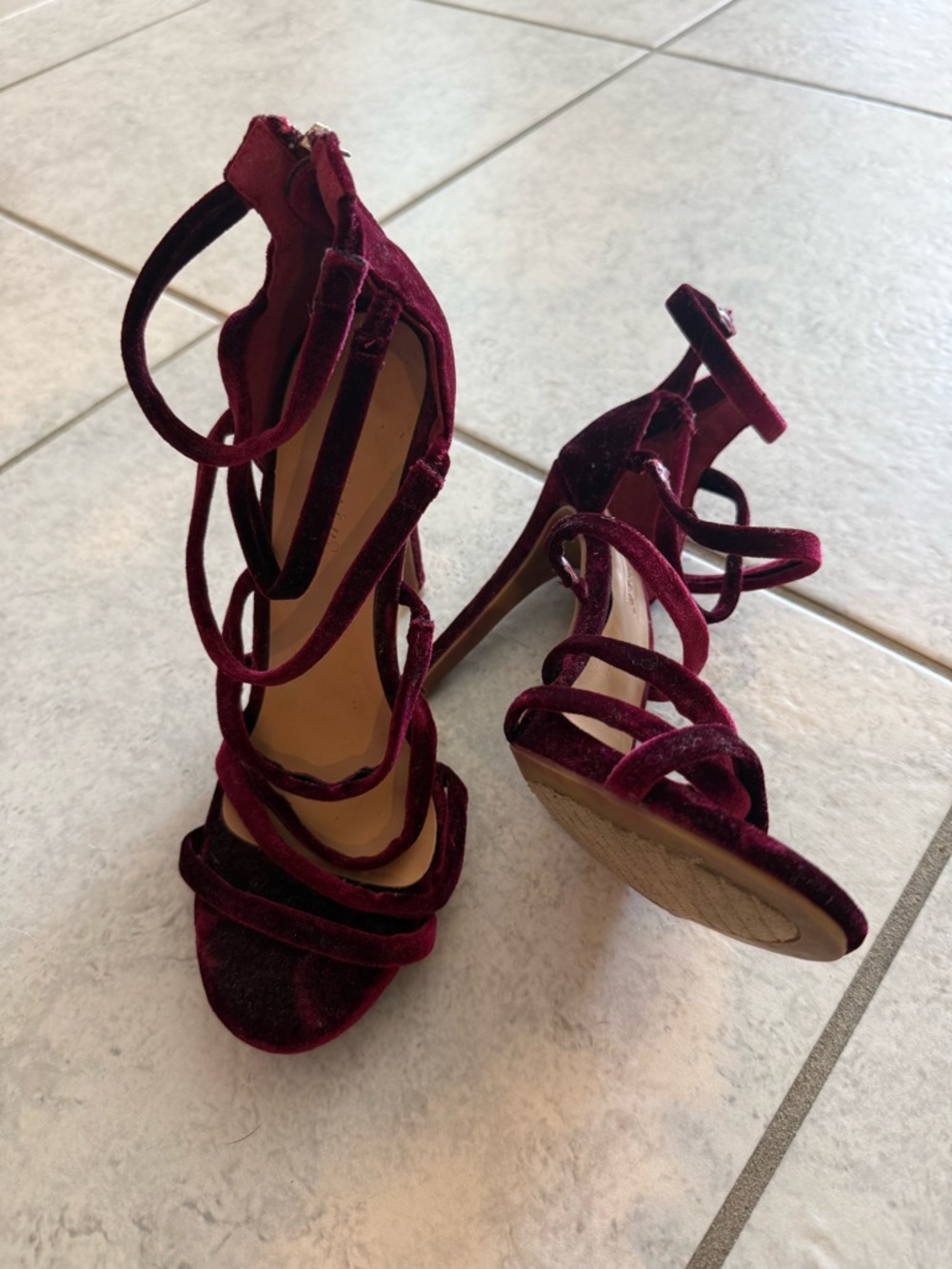 Women's Strappy Velvet High Heel Sandals in Burgundy